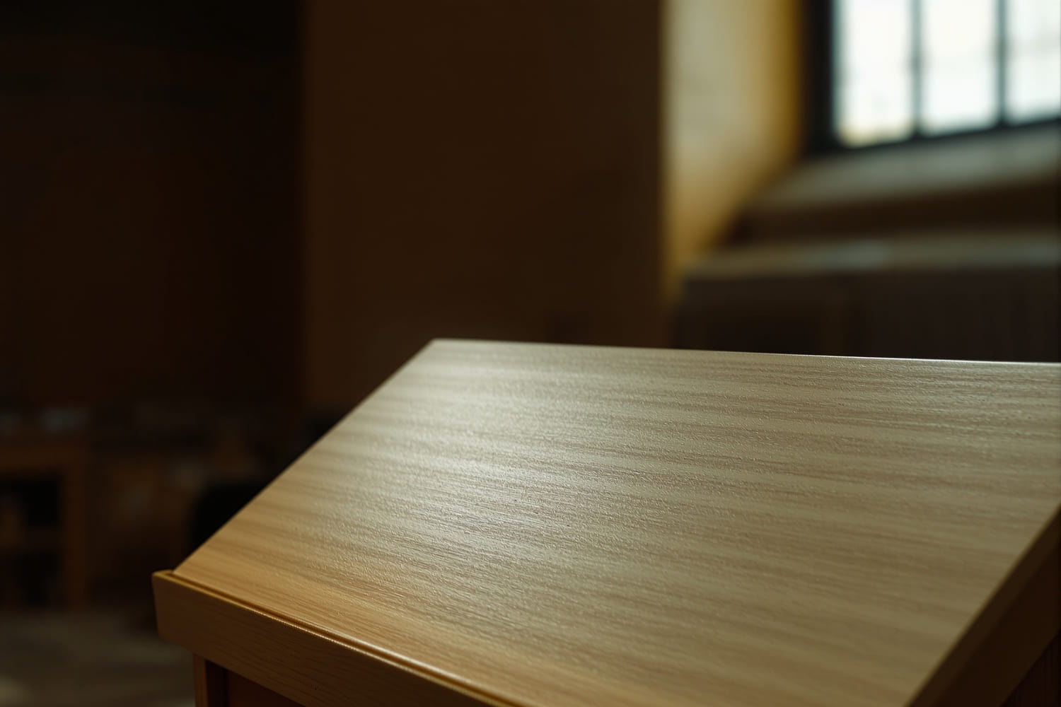 The bare sloped top of a plain wooden lectern in an empty hall, lit from a high window