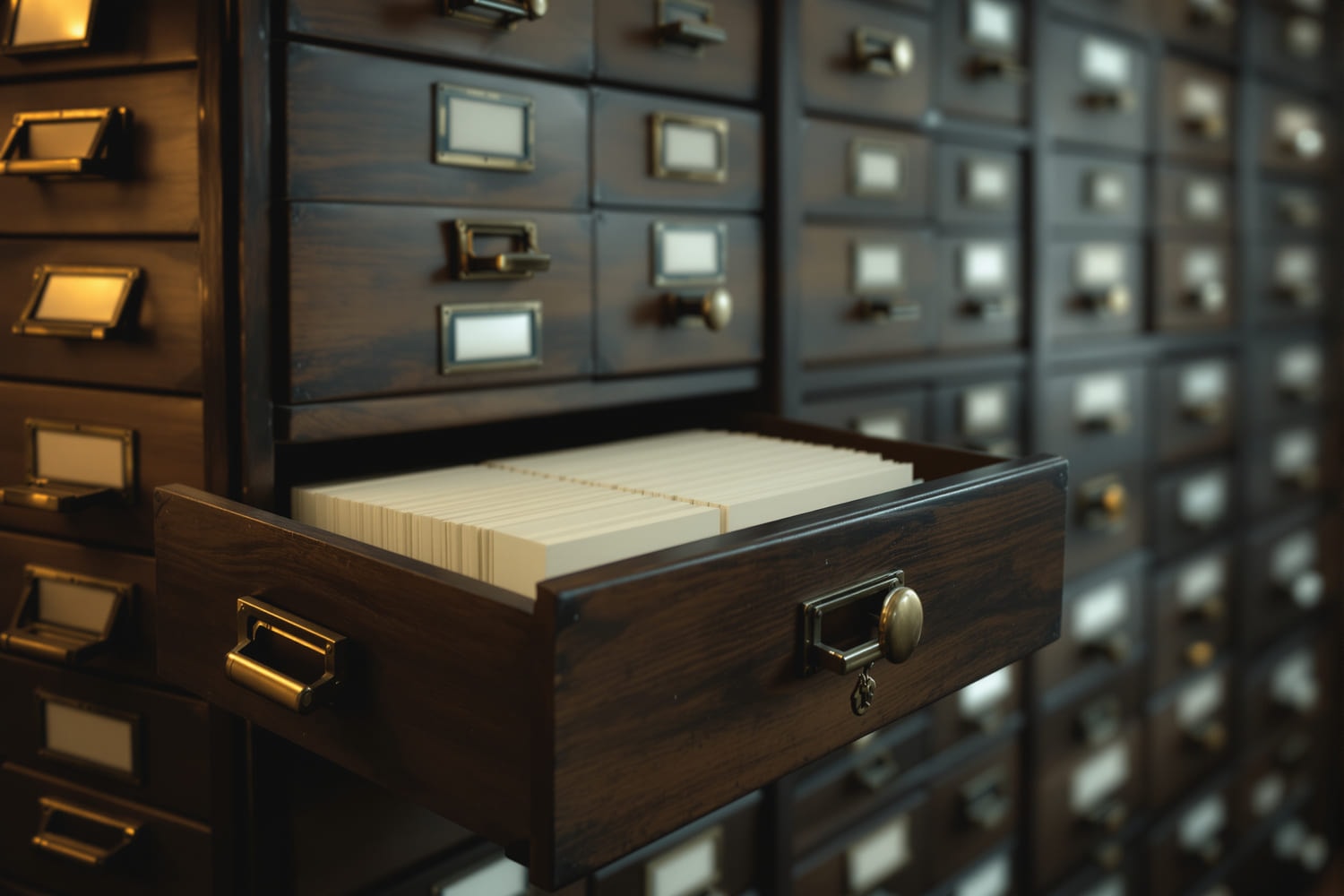 A library card catalog with one drawer pulled open to show a dense row of blank index cards