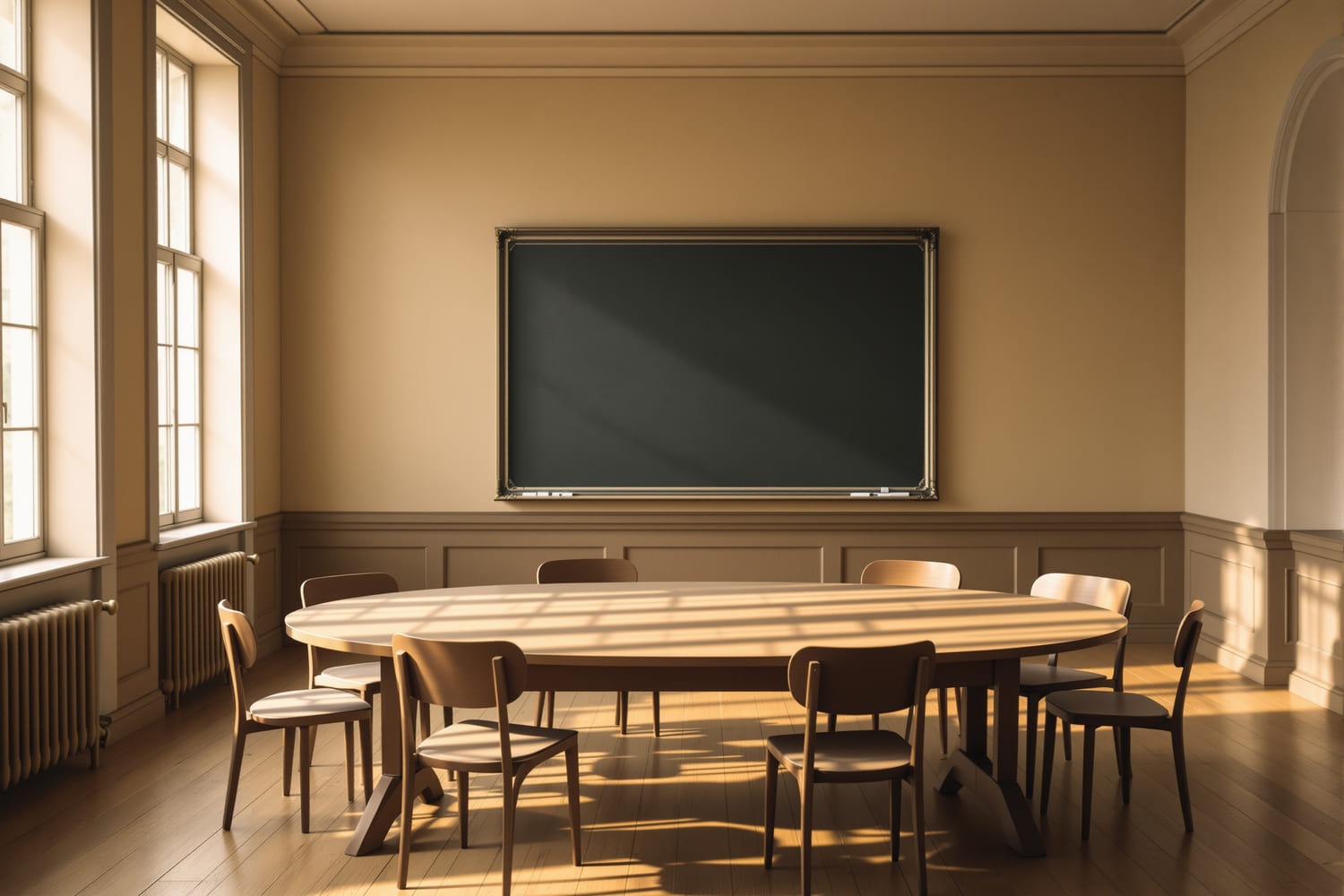 An empty seminar room with an oval table, chairs pushed in, and morning light falling across the floor