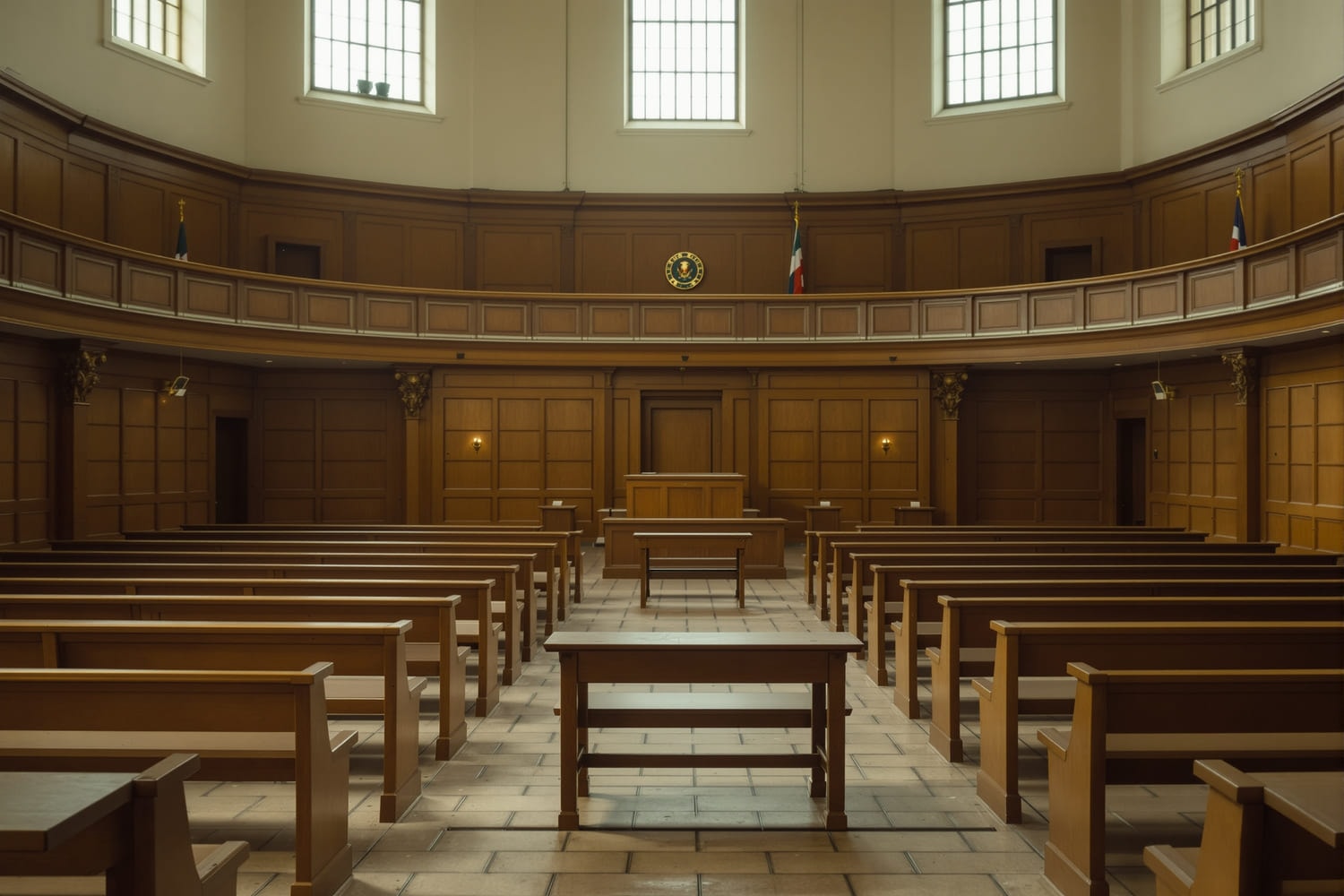An empty courtroom seen from the back of the gallery, with rows of wooden benches and a bare bench at the front