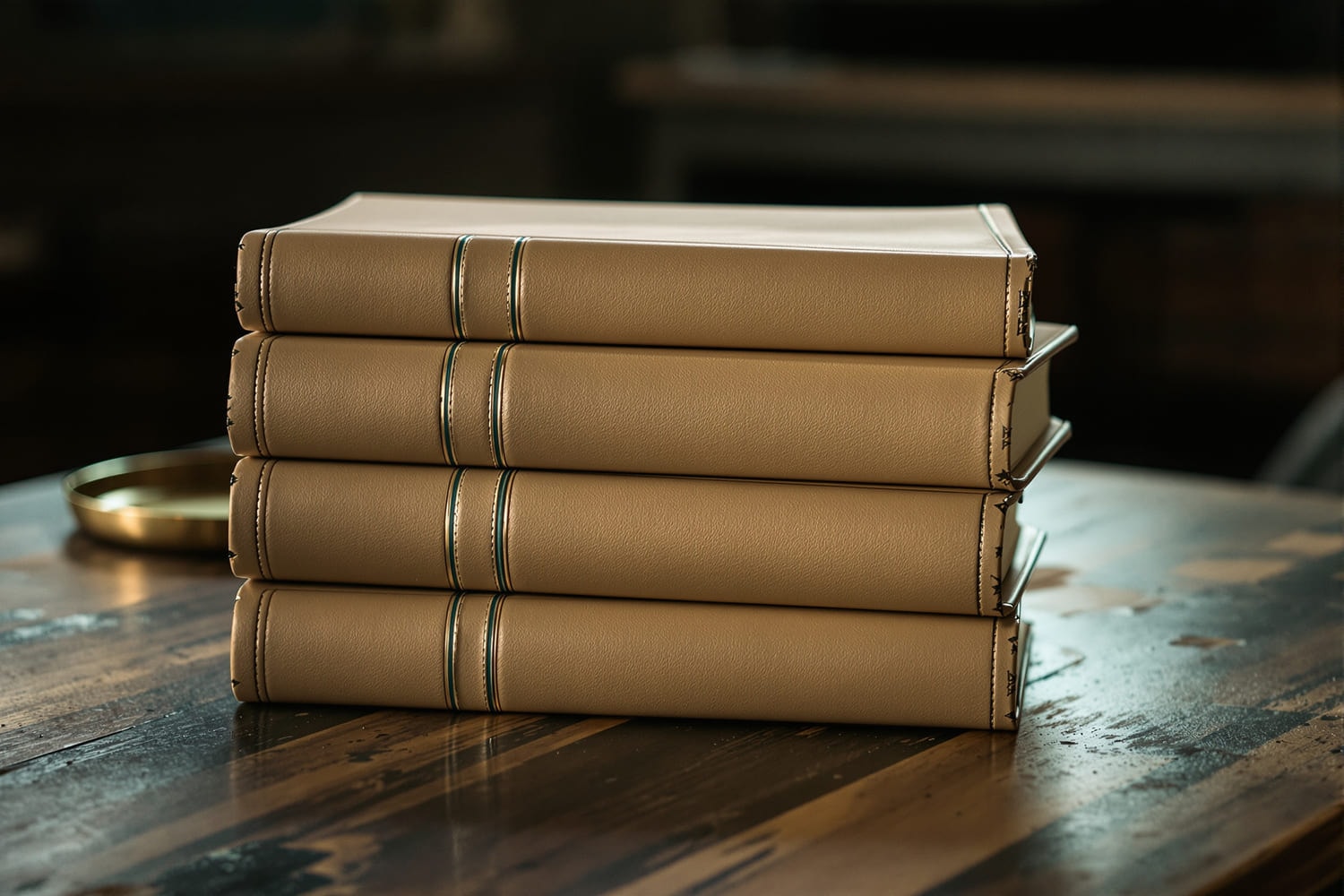 Four leather-bound volumes of different sizes stacked on a worn wooden library table