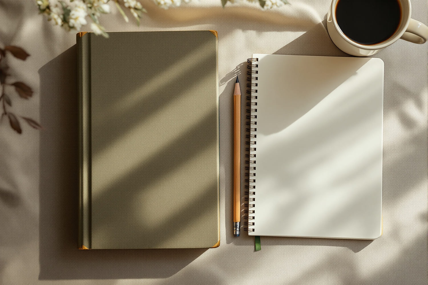 An overhead view of a plain book, a blank open notebook, a pencil and a cup of coffee on a linen desk blotter