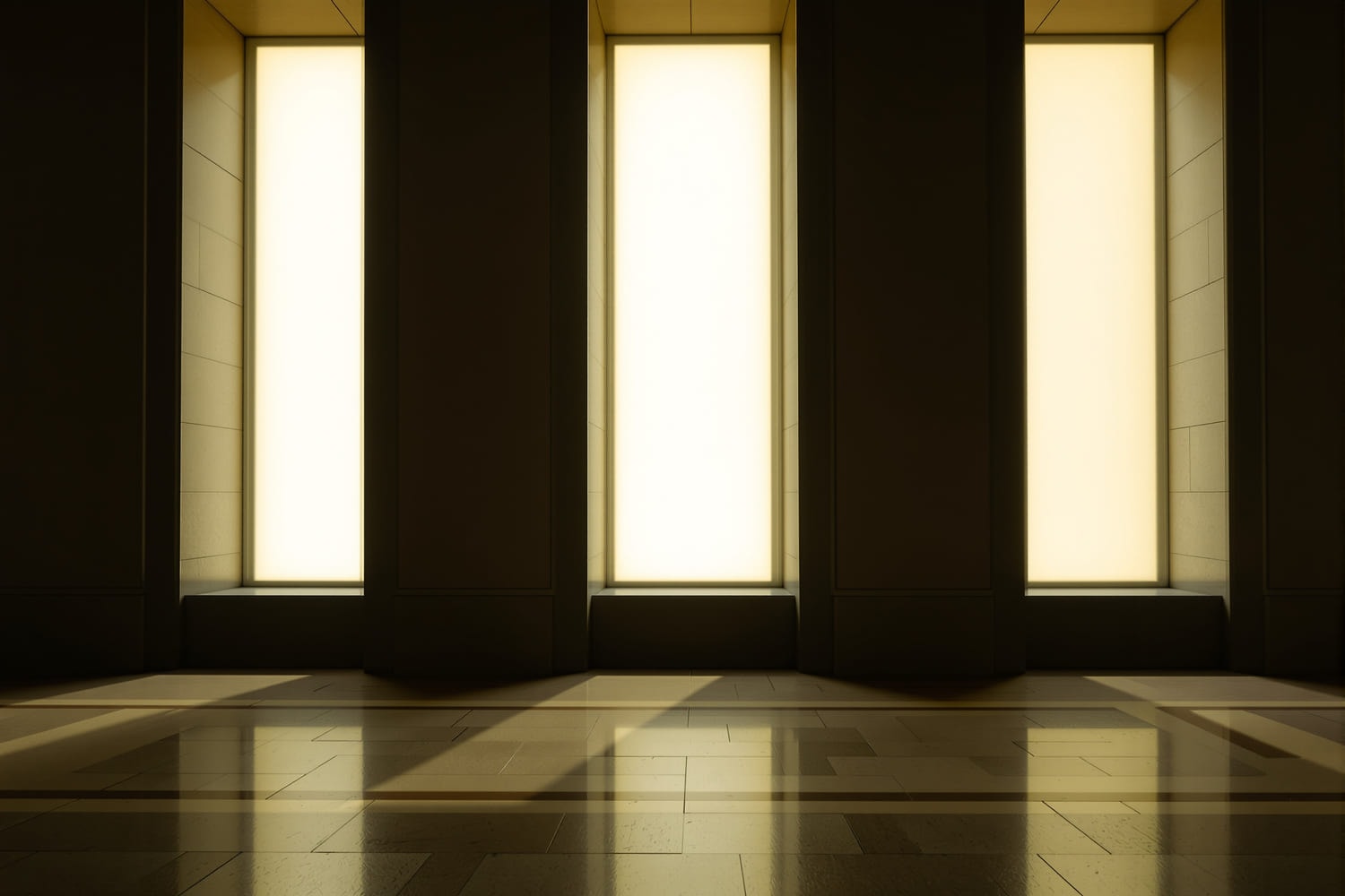 Three tall windows casting three equal panels of light onto the marble floor of an empty hall