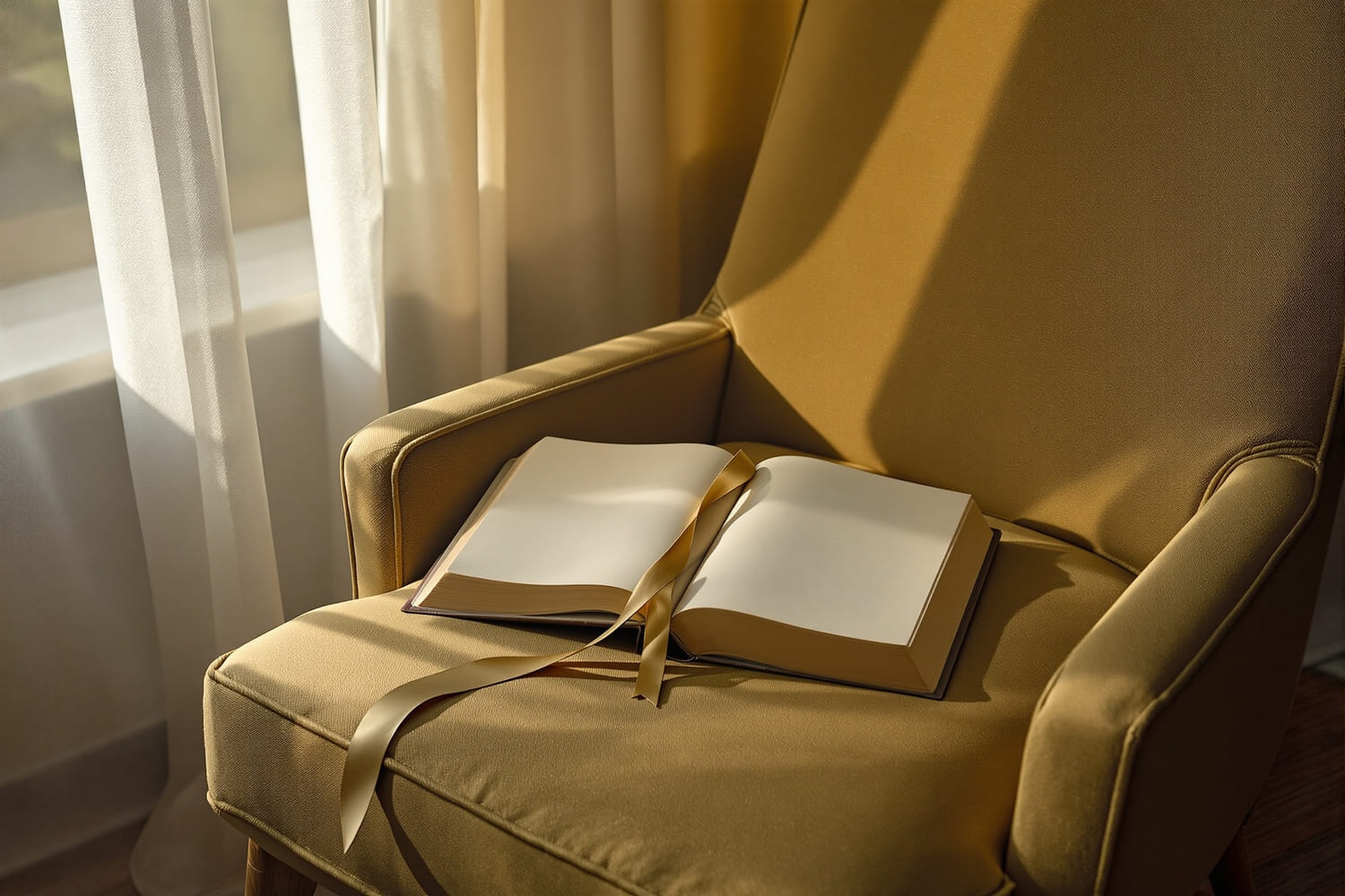A worn armchair by a curtained window at dawn, with a closed book on the arm and a cup of coffee beside it