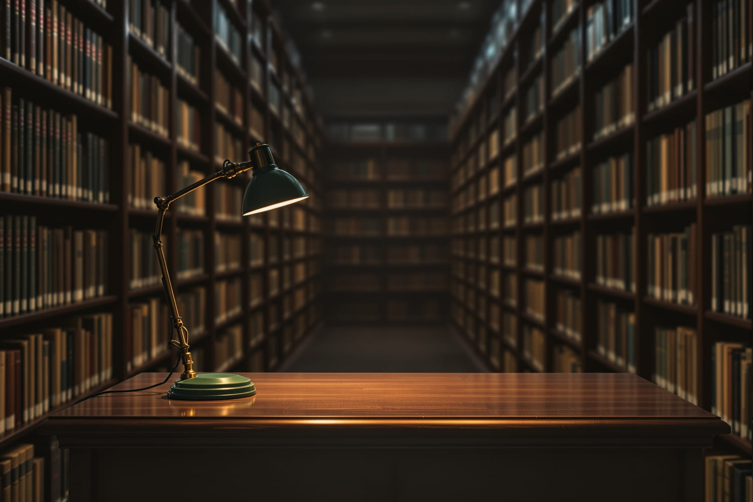 A library reference desk at the end of an aisle of dark shelving, lit by a green-shaded reading lamp