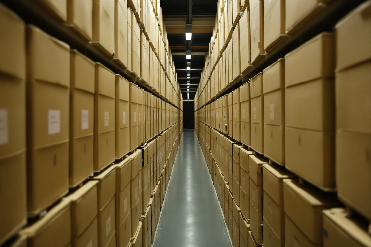 A long shelf of identical unlabeled archive boxes receding down a dim storage aisle